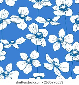 White anemone flowers on blue background. Seamless floral vector pattern with hand-drawn outlines. Springtime nature and botany concept
