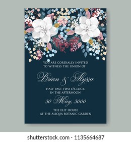 White anemone peony magnolia winter wedding invitation Christmas Party invitation floral wreath on dark blue background
