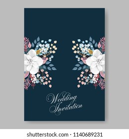 White anemone wedding invitation vector template on dark blue background winter decoration