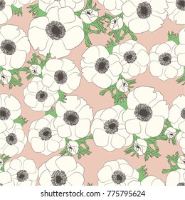 White anemones pattern on beige background. Seamless flower background.