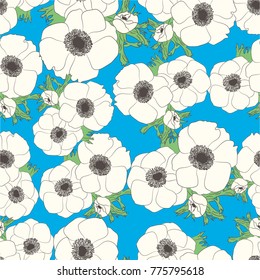 White anemones pattern on cyan background. Seamless flower background.