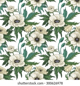 White anemones. Vector seamless pattern