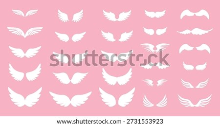 White angel or bird wings. Set of cute symbols. Wings tattoo. Simple white color icons. Wings for design. Love, romance vector icons. For gifts, Valentine's Day, birthday, party decoration, cards