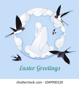 White angel and clouds in the style of layered paper. Round frame and Swallows. A praying cute angel on a light blue background. Greeting card Happy Easter in paper cut style.