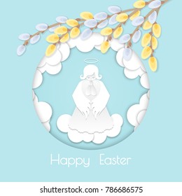 White angel and clouds in the style of layered paper. Round frame and willow branches. A praying cute angel on a aquamarine background. Greeting card Happy Easter in paper cut style.