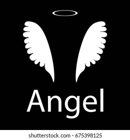 White angel icon on black background with wings and nimbus