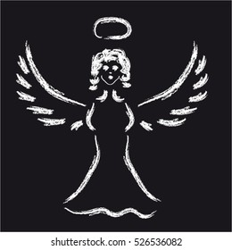 White angel silhouette on black background. Vector illustration.