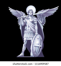 White angel with a sword on a black background
