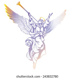 White angel with a trumpet and a raised hand on a white background