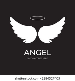  white angel wings with a circle on top, angle wing logo cartoon logo icon flat template, Pair of white angle wings in cartoon style vector vintage Angle Wing with Star Symbol Logo Design,t shirt.