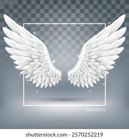 White angel wings with a glowing effect, positioned symmetrically against a transparent background, vector illustration
