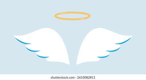 White angel wings and golden halo in minimalist graphic style on a blue background, symbolizing purity, divinity, and spirituality. Vector illustration