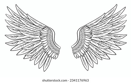 White angel wings. Handmade linear drawing. Vector illustration isolated on white background.