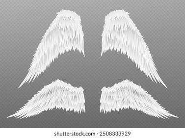 Asas de anjo branco definidas isoladas em fundo transparente. Vetor ilustração realista de festa, mascarada, carnaval, festival traje elemento feito de pena de pássaro, símbolo de liberdade, espiritualidade