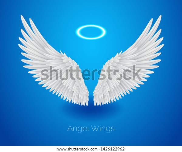 青の背景に白い天使の翼と輝くニムバス ハロ リアルな羽 ベクターイラスト のベクター画像素材 ロイヤリティフリー