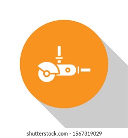 White Angle grinder icon isolated on white background. Orange circle button. Vector Illustration