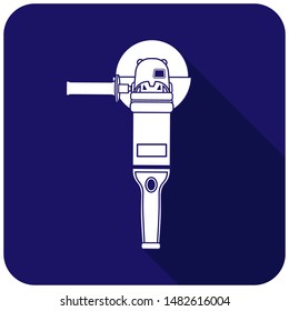 White angle grinder icon on a blue background. Vector illustration