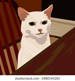 A white angry cat is sitting at a table. The illustration is made mainly in warm colours. The picture conveys dissatisfaction, anger, fury, and rage.