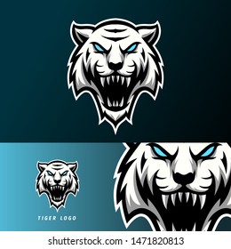 white angry tiger mascot sport esport logo template long fangs for team, personal, company