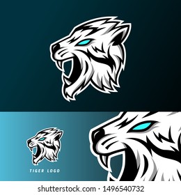 White angry tiger mascot sport esport logo template long fangs for team, personal, company