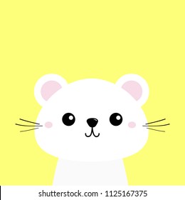 White animal. Cute kawaii cartoon character. Funny head baby face. Greeting card template. Yellow background. Flat design. Vector illustration