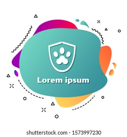 White Animal health insurance icon isolated on white background. Pet protection icon. Dog or cat paw print. Abstract banner with liquid shapes. Vector Illustration