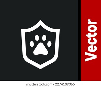 White Animal health insurance icon isolated on black background. Pet protection concept. Dog or cat paw print.  Vector