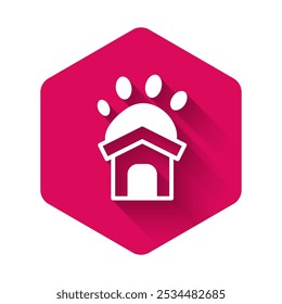 White Animal shelter house icon isolated with long shadow background. Pink hexagon button. Vector