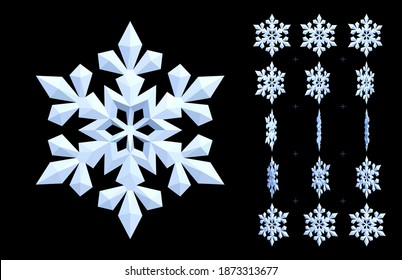 White Animated Snowflake. Rotating 3d Icon Of Winter And Cooling. Vector Sprite Sheet For GIF, Html, Flash Animation. Looped Frame Sequence.15 FPS. Pieces Of Snow Are Isolated On A Black Background.