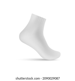 White ankle length sock realistic vector mockup. Ribbed sport sock 3d illustration, isolated on white background.