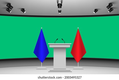 white announcement podium and microphone with colorful flags background on the green screen in the studio room