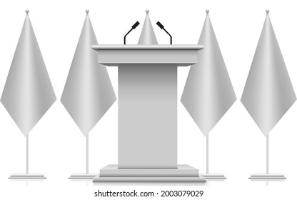 white announcement podium and microphone on the white flags background