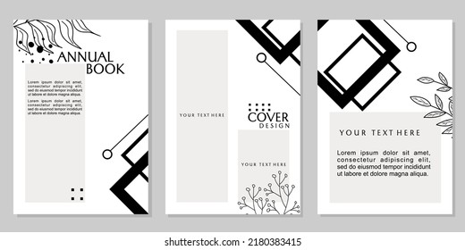 white annual book report template set. cover design with triangle shape elements and silhouette leaves