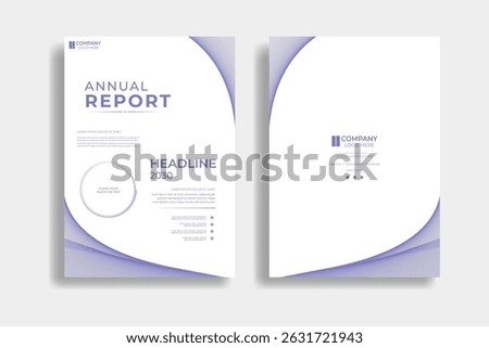 White annual report cover template with abstract blue wavy lines. Clean and minimalist front and back layout for business, proposal, presentation, or company profile.