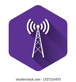 White Antenna icon isolated with long shadow. Radio antenna wireless. Technology and network signal radio antenna. Purple hexagon button. Vector Illustration