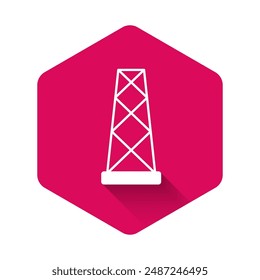 White Antenna icon isolated with long shadow background. Radio antenna wireless. Technology and network signal radio antenna. Pink hexagon button. Vector