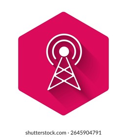 White Antenna icon isolated with long shadow. Radio antenna wireless. Technology and network signal radio antenna. Pink hexagon button. Vector
