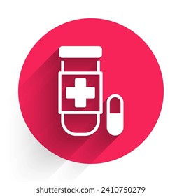 White Antidote icon isolated with long shadow background. Red circle button. Vector