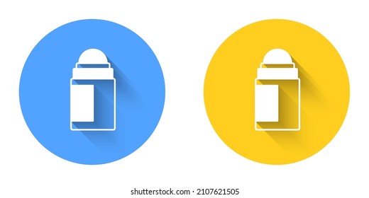 White Antiperspirant deodorant roll icon isolated with long shadow background. Cosmetic for body hygiene. Circle button. Vector