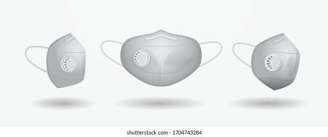 white antiviral medical face mask protection against coronavirus prevention of virus spreading pandemic covid-19 view from different angles horizontal vector illustration