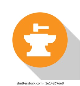 White Anvil for blacksmithing and hammer icon isolated on white background. Metal forging. Forge tool. Orange circle button. Vector Illustration