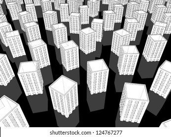 white apartment houses/office buildings standing on black reflective ground
