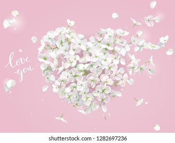 White Apple blossom vector Heart with flying petals in watercolor style on the wind on pink background for Valentine's Day,  8 March, wedding,  Mother's Day, seasonal  sales