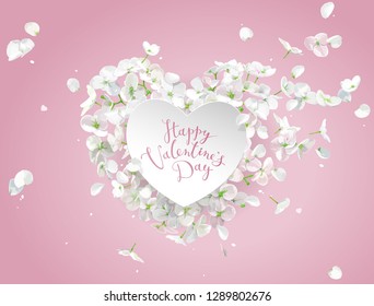 White Apple blossom vector Heart with flying petals in watercolor style on the wind on pink background for Valentine's Day,  8 March, wedding,  Mother's Day, seasonal  sales