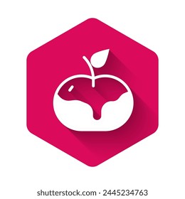 White Apple in caramel icon isolated with long shadow background. Pink hexagon button. Vector