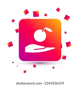 White Apple in hand icon isolated on white background. Fruit with leaf symbol. Square color button. Vector Illustration