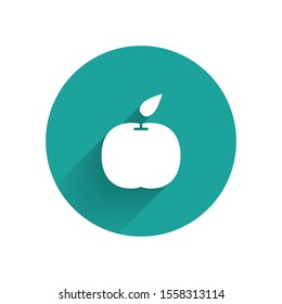 White Apple icon isolated with long shadow. Fruit with leaf symbol. Green circle button. Vector Illustration