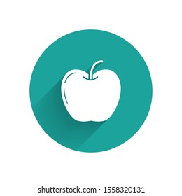 White Apple icon isolated with long shadow. Fruit with leaf symbol. Green circle button. Vector Illustration
