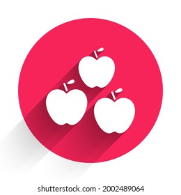 White Apple icon isolated with long shadow. Fruit with leaf symbol. Red circle button. Vector Illustration