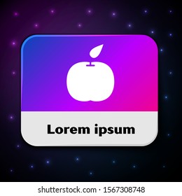 White Apple icon isolated on black background. Fruit with leaf symbol. Rectangle color button. Vector Illustration